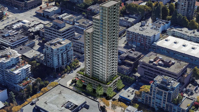 An aerial shot of an apartment tower