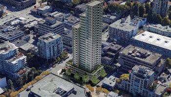An aerial shot of an apartment tower