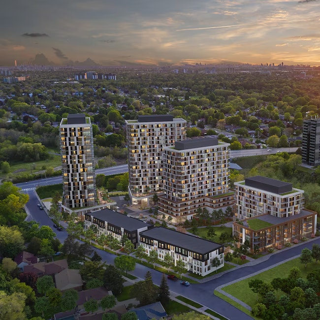 Rendering of the Options for Homes project in Scarborough at Markham Road and Lawrence Avenue East, a four-tower site to be called The Cedars.