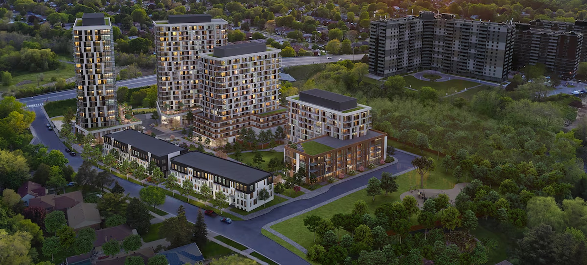 Rendering of the Options for Homes project in Scarborough at Markham Road and Lawrence Avenue East, a four-tower site to be called The Cedars.