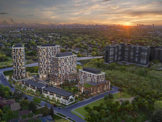 Rendering of the Options for Homes project in Scarborough at Markham Road and Lawrence Avenue East, a four-tower site to be called The Cedars.
