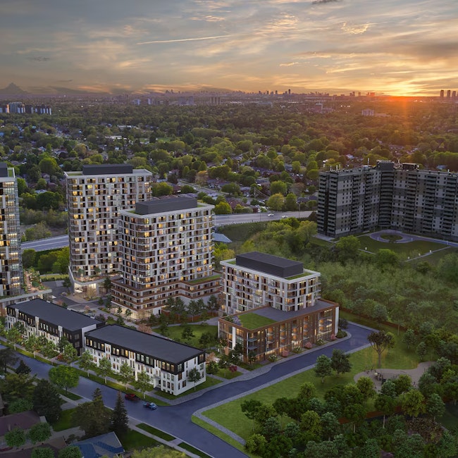 Rendering of the Options for Homes project in Scarborough at Markham Road and Lawrence Avenue East, a four-tower site to be called The Cedars.
