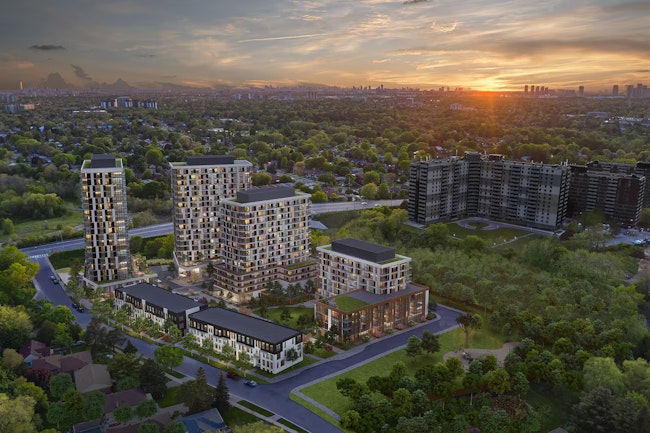 Rendering of the Options for Homes project in Scarborough at Markham Road and Lawrence Avenue East, a four-tower site to be called The Cedars.