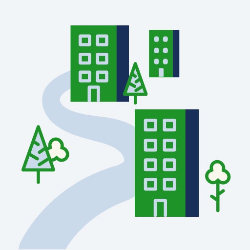 An illustration of a community of highrises