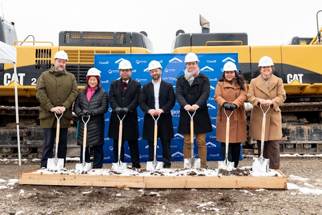 From left to right: Options For Homes Director of Development Geoffrey McGrath; Scarborough—Agincourt MP Jean Rip; Public Safety Minister and Scarborough— Guildwood—Rouge Park MP Gary Anandasangaree; Options for Homes CEO Daniel Ger; Secretary of State (Sport) and Burlington North—Milton West MP Adam van Koeverden; Options For Homes Senior Director of Sales and Marketing Sandra Hernandez; Parliamentary Secretary to the Minister of Housing and Infrastructure and Ajax MP Jennifer McKelvie. Credit: F.J. Sarmiento / Options for Homes