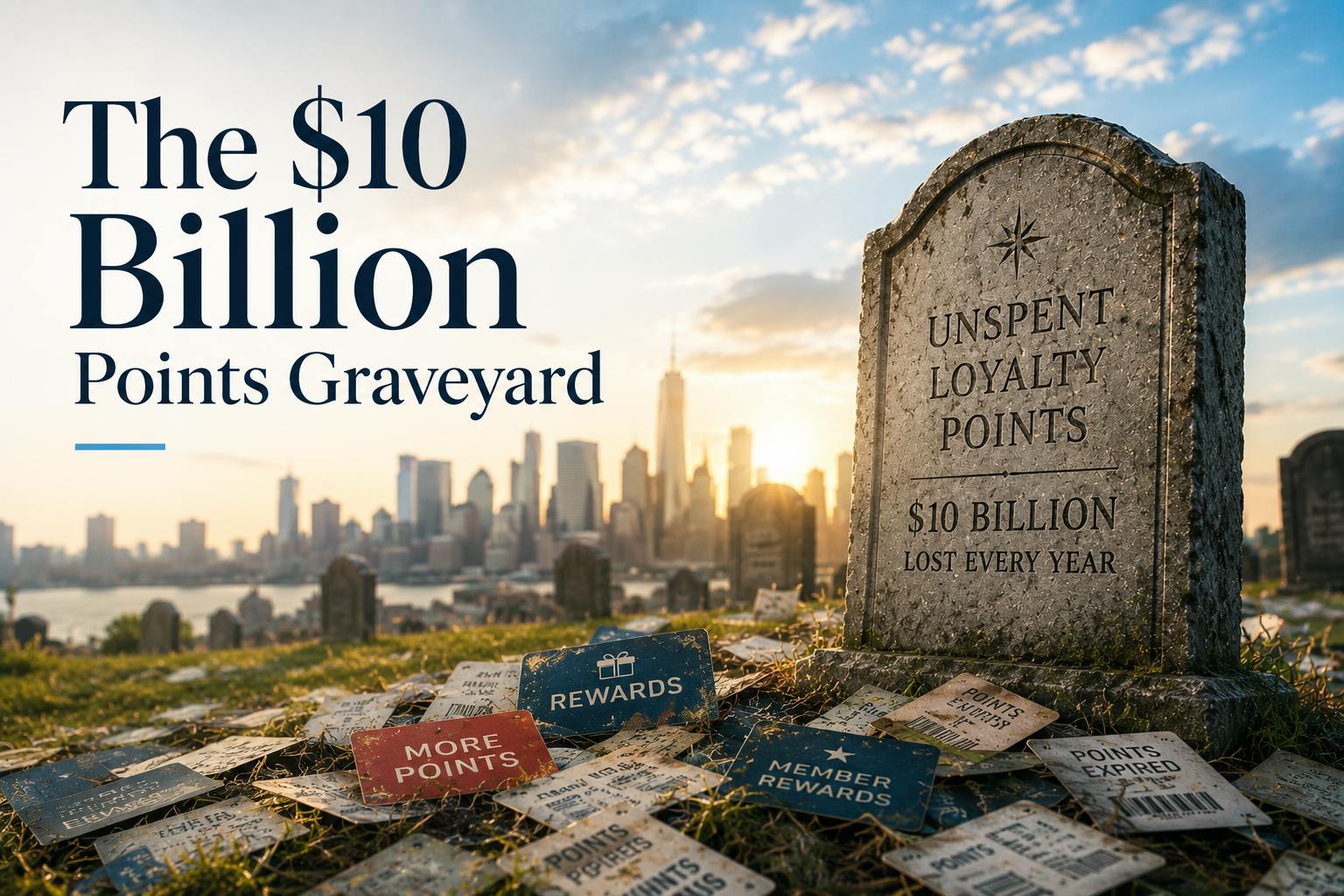 The $10 Billion Points Graveyard: Why Loyalty Points Go Unspent Editorial illustration of a loyalty points graveyard with a tombstone labeled "Unspent Loyalty Points" overlooking a modern city skyline, symbolizing the billions of dollars in unused loyalty rewards that expire each year.