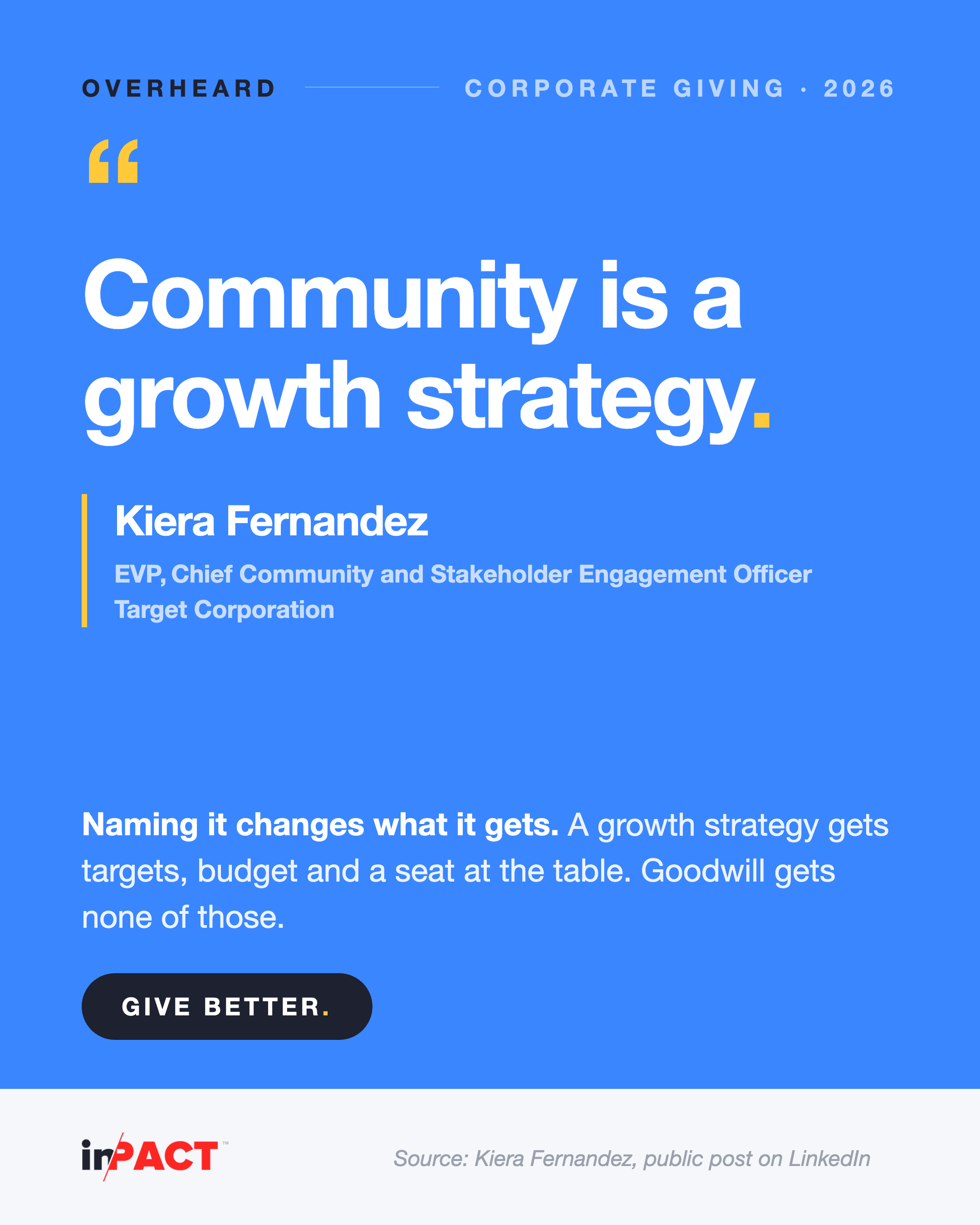Quote card reading community is a growth strategy, attributed to Kiera Fernandez, EVP and Chief Community and Stakeholder Engagement Officer at Target Corporation, with the line: naming it changes what it gets. A growth strategy gets targets, budget and a seat at the table. Goodwill gets none of those.