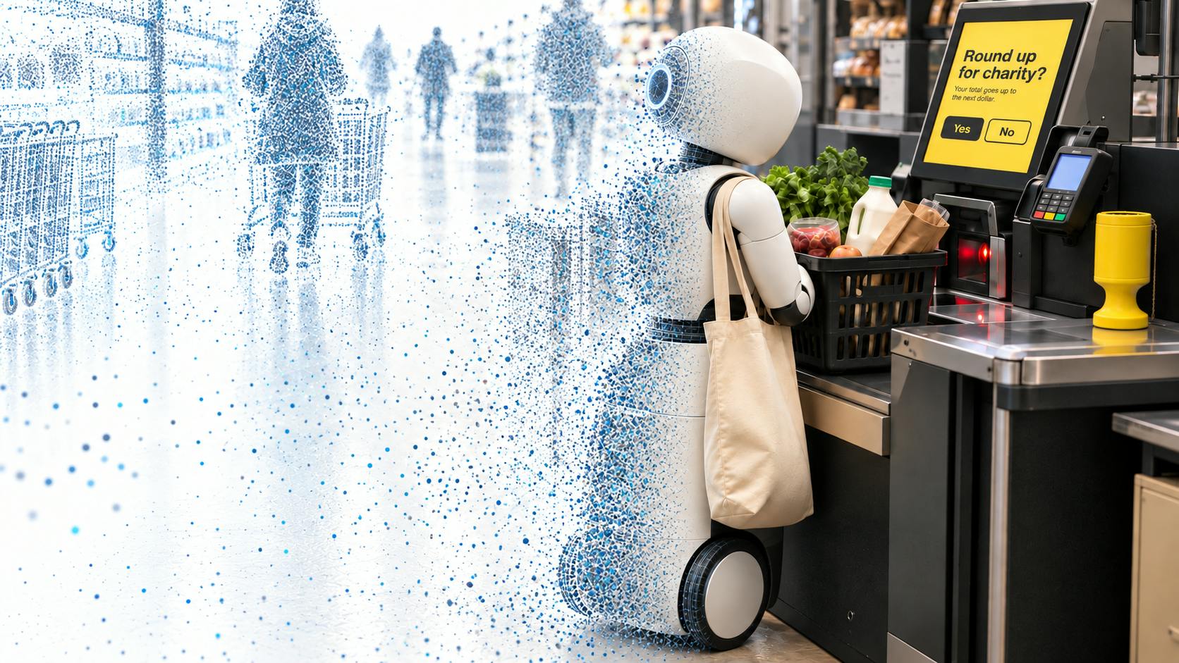 A small white robot with a tote bag stands at a supermarket self-checkout with a basket of groceries. The yellow screen in front of it asks: Round up for charity? with Yes and No buttons. A yellow collection tin sits on the counter. Behind the robot, the store and its shoppers dissolve into blue particles.