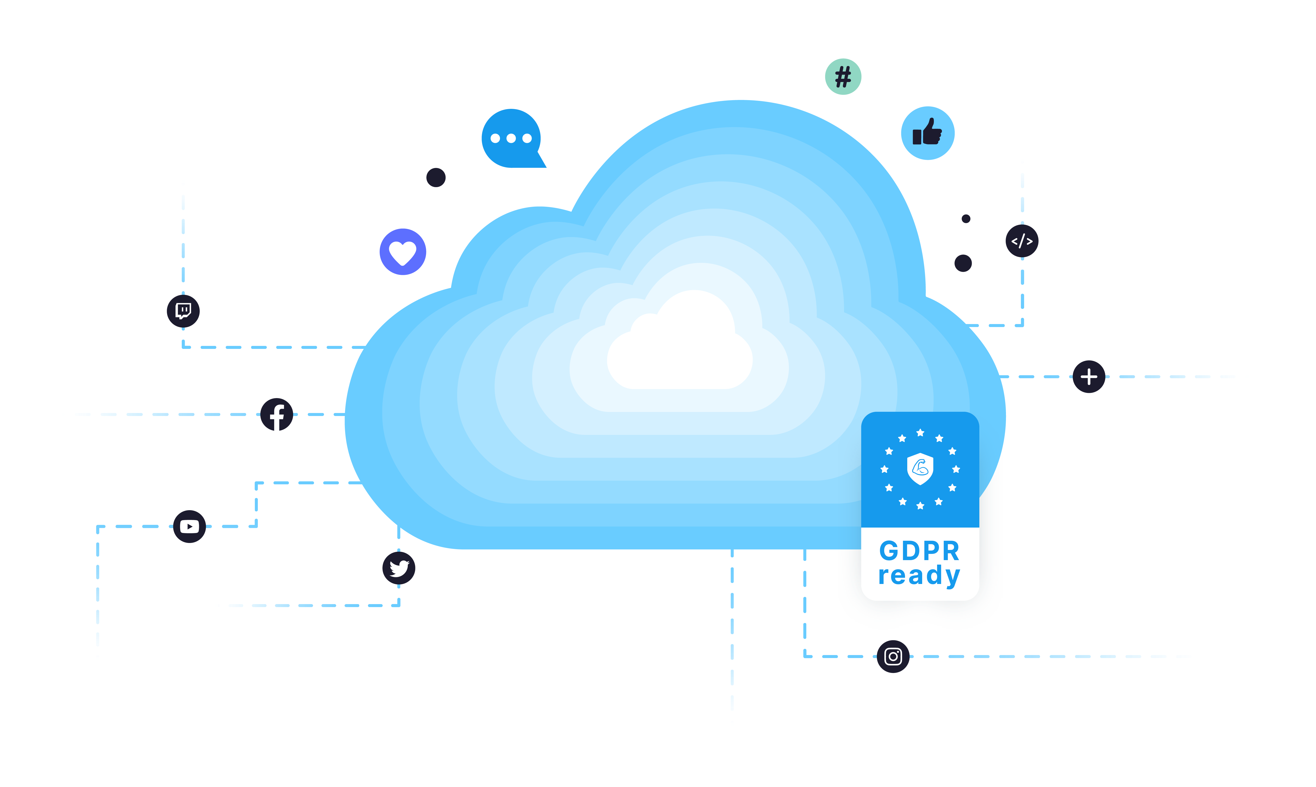 "RGPD compliance and efficient infrastructure  Blue cloud with social networks icons and GDPR security "