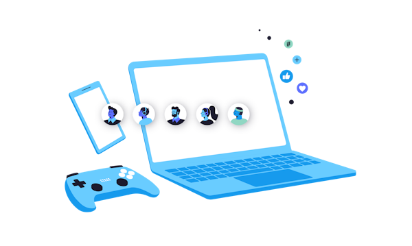 computer with five bubbles with avatars, one smartphone and one console controller