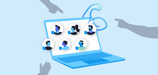 Un ordinateur avec six avatars dans l'écran entouré de trois bras représentant les escroqueries 