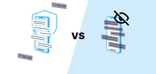 Un smartphone sur la gauche avec un bouclier représentant la modération versus un téléphone à droite avec un oeil caché représentant la censure