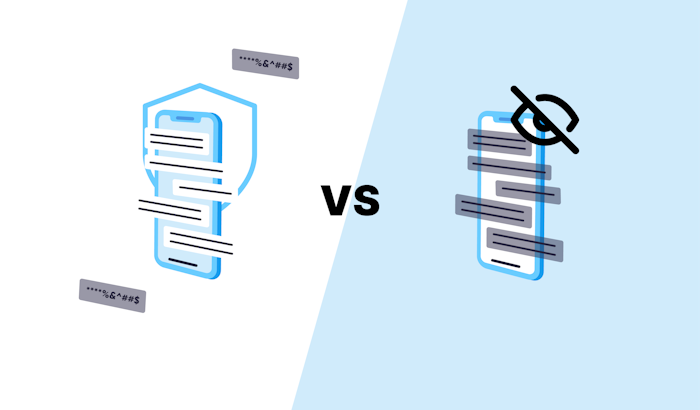 Un smartphone sur la gauche avec un bouclier représentant la modération versus un téléphone à droite avec un oeil caché représentant la censure