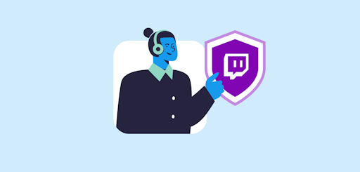 a woman with a headphone on her ears and a shield with Twitch logo on the right side