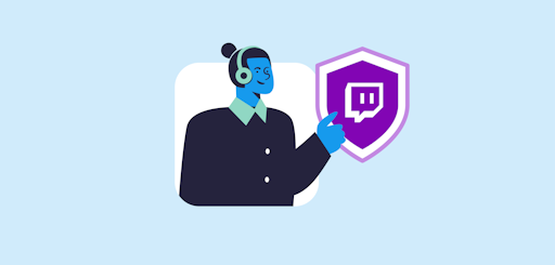 une femme avec un casque sur les oreilles et un bouclier avec le logo Twitch dedans