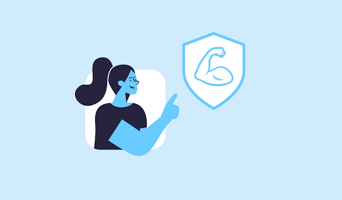 Woman pointing out a shield with Bodyguard.ai logo