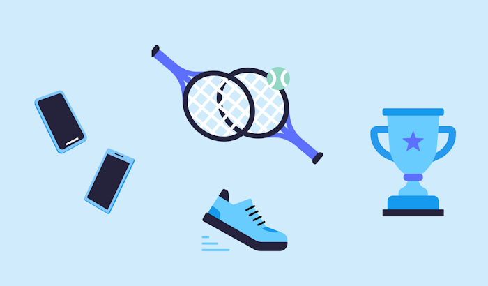 Drawing of two tennis rackets surrounded by a mobile phone, trophy and running shoe