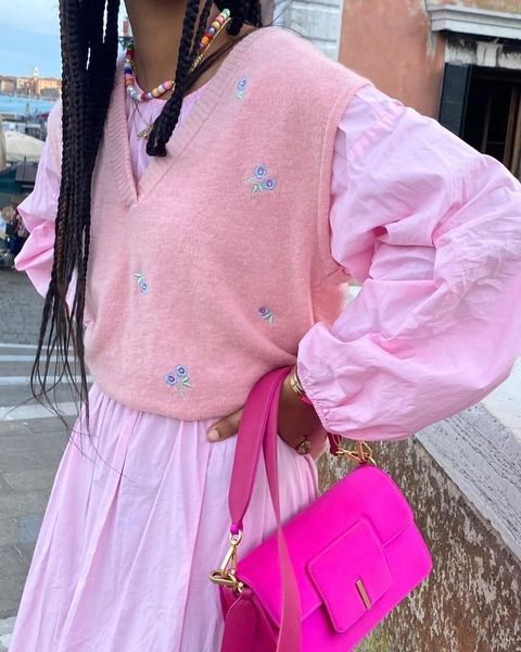 pink sweater vest outfit