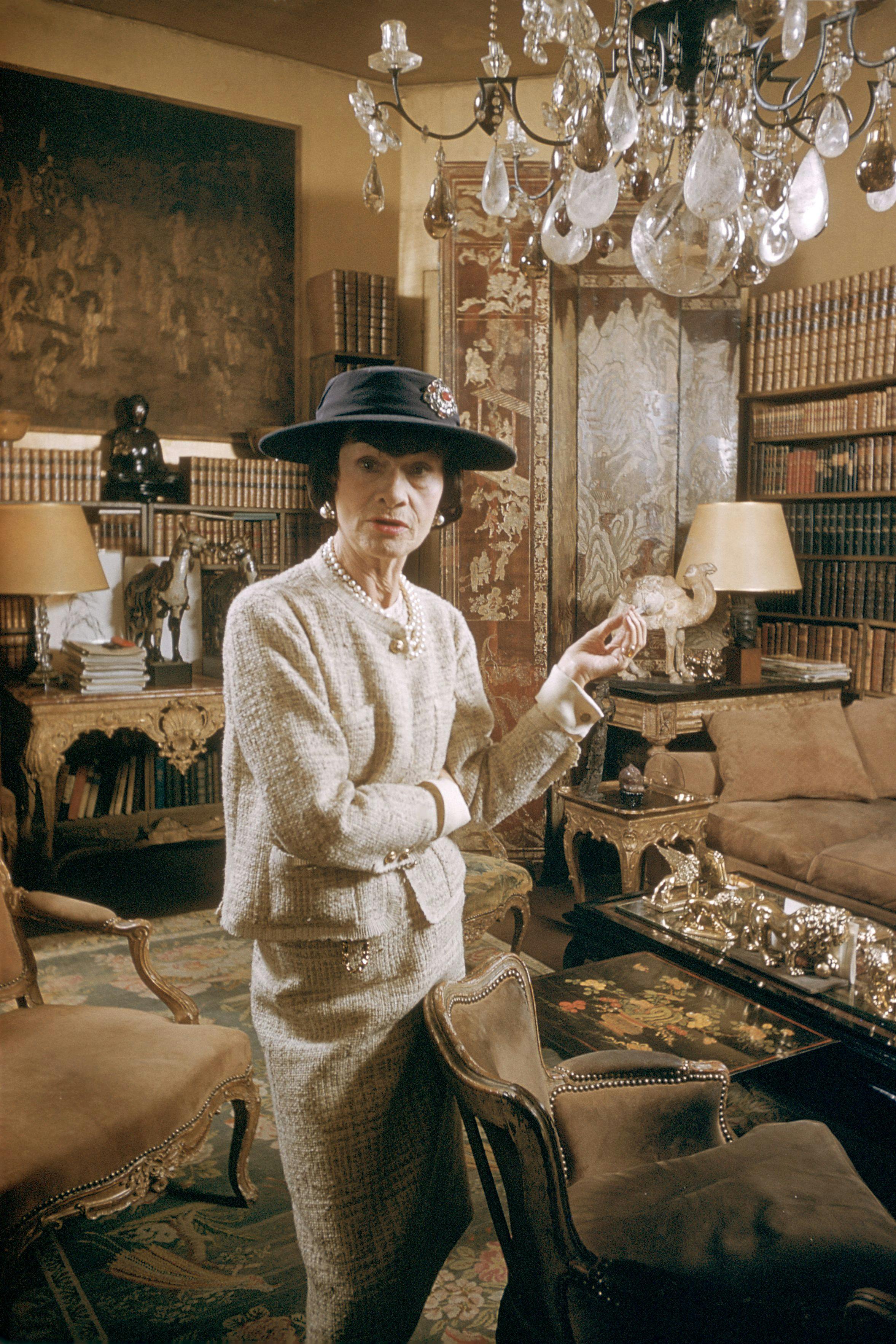 French fashion designer Coco Chanel in her apartment at the Hotel