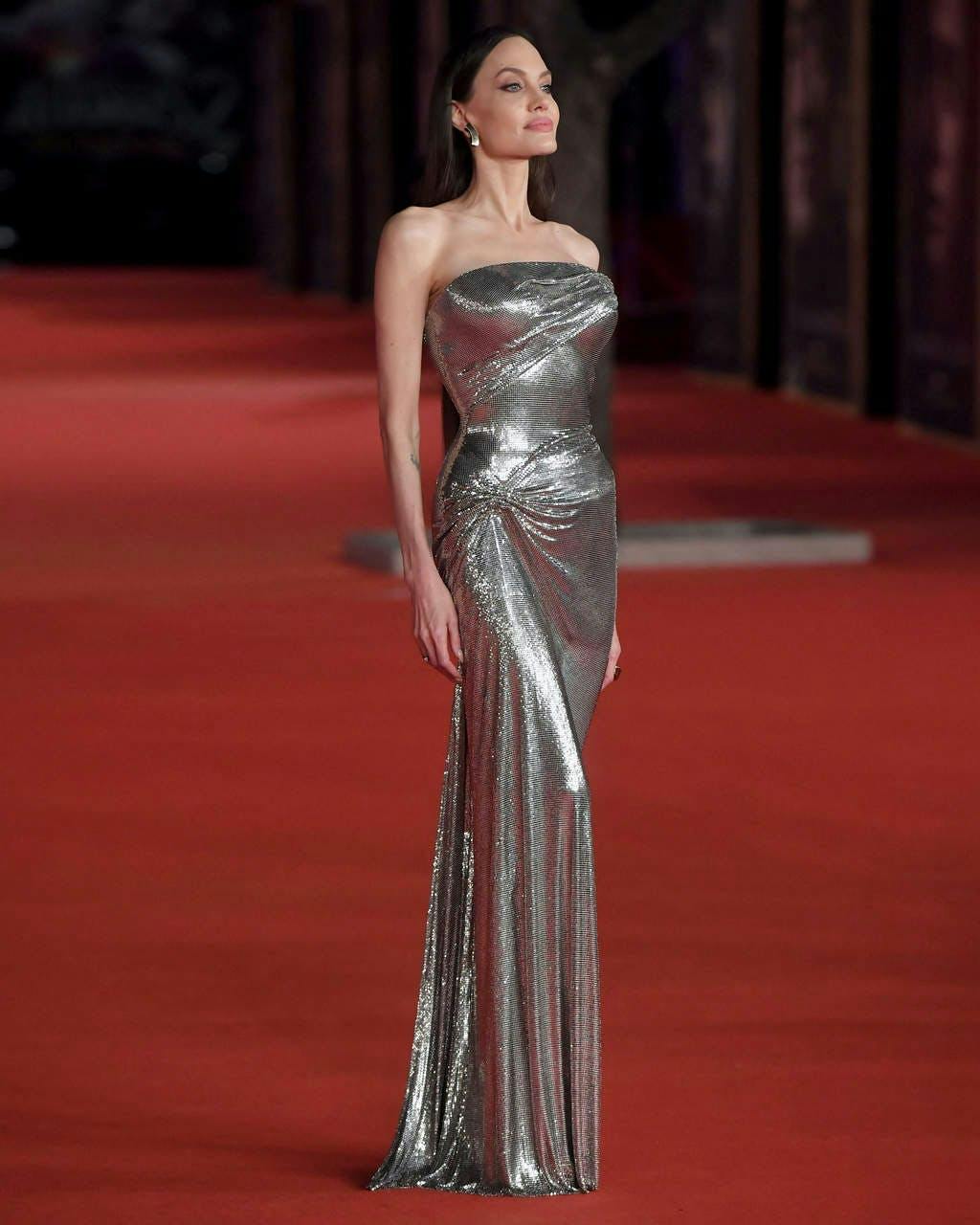 angelina jolie metallic dress Angelina Jolie Embraces the Metallic Trend for 'Eternals' Premiere in Rome  — Marvel Movie