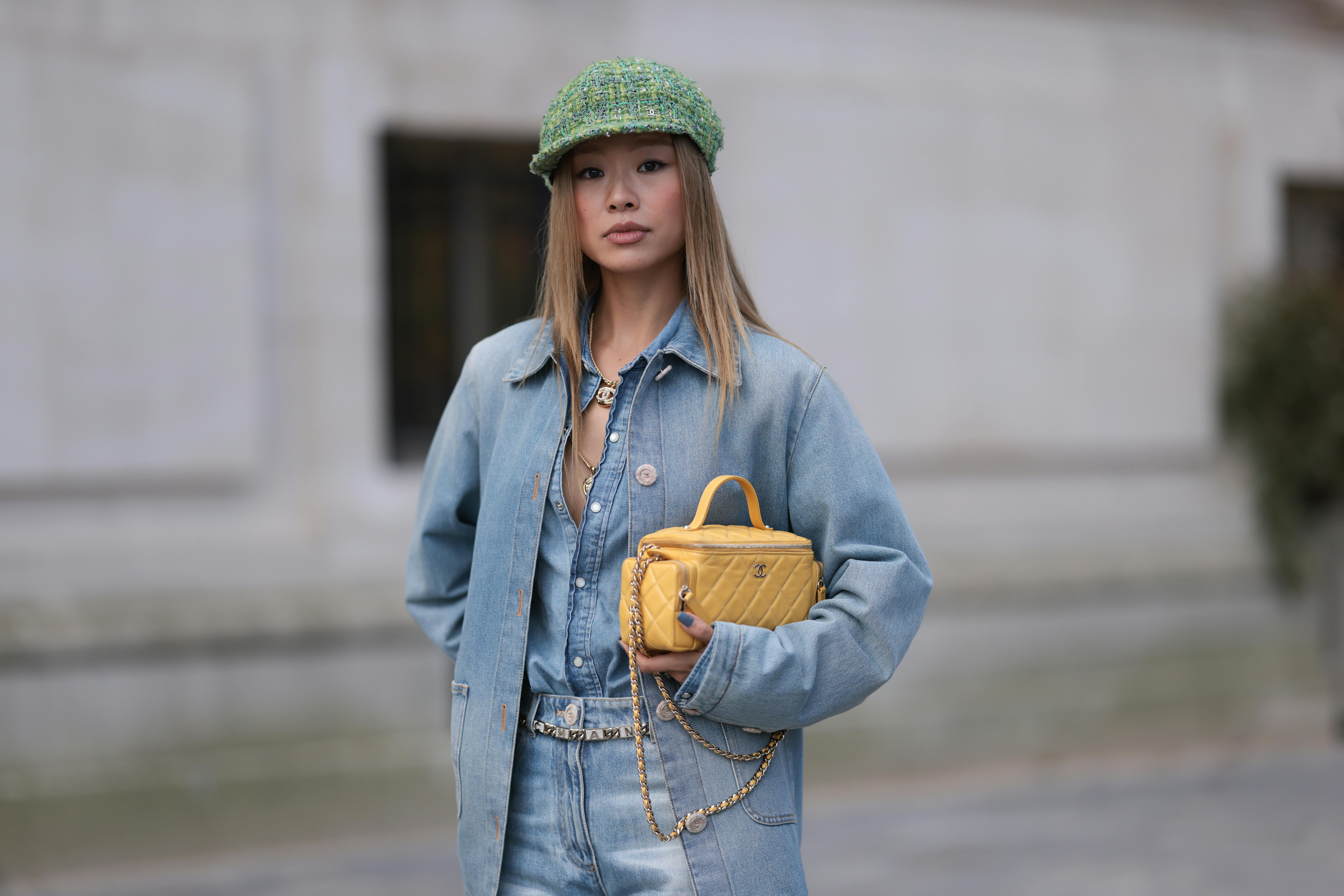 Miu Miu Women\'s Denim Newsboy Cap | Plaid Ruffle & Rhinestone Logo Navy Denim Baseball Cap | Miu Miu main image 4