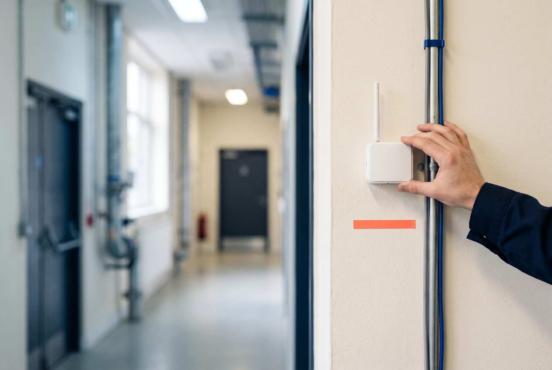 Sensor inalámbrico instalado en la pared junto a una tubería