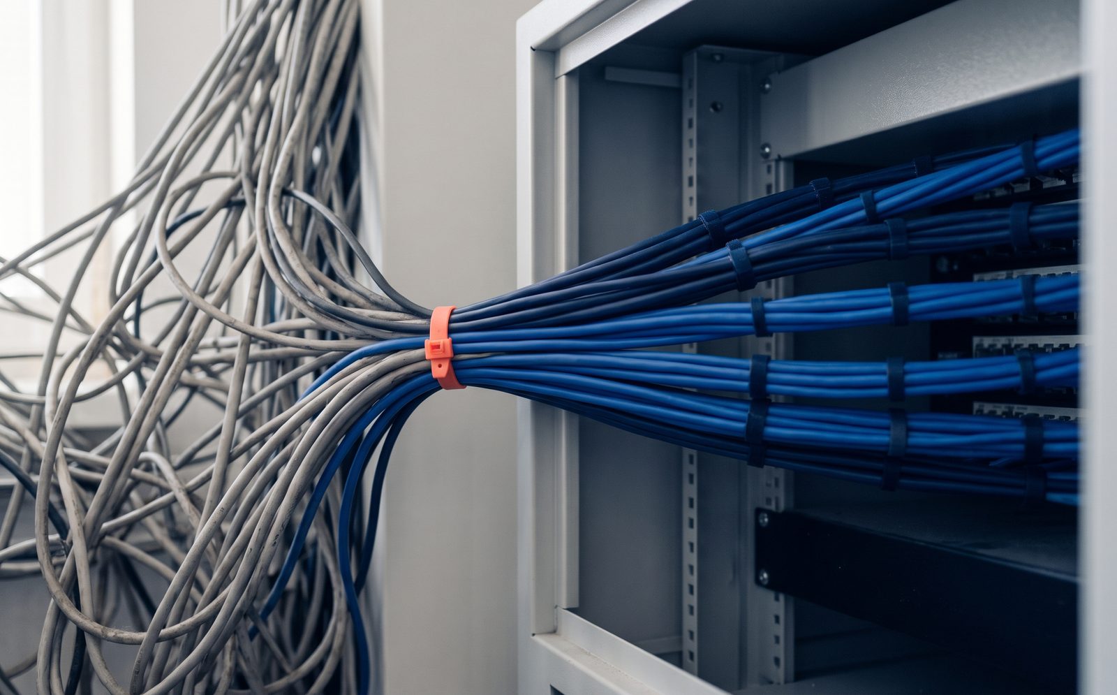 Cables grises enredados que pasan a un haz ordenado de cables azules en un armario