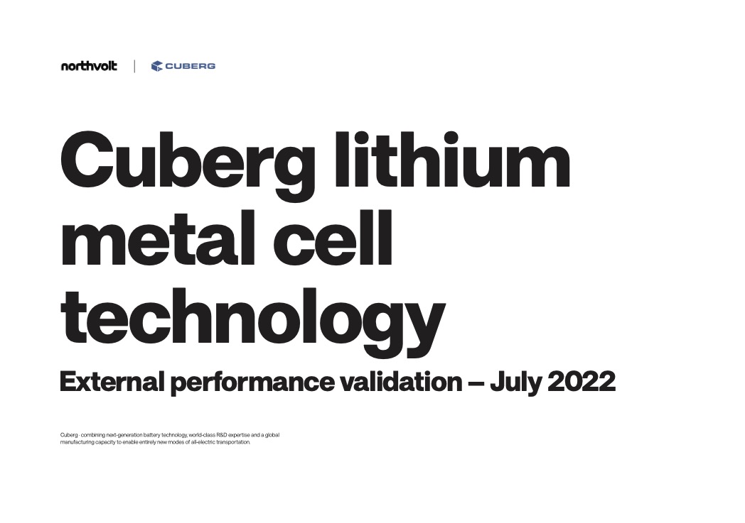 Cuberg Lithium Metal Cell Technology Milestone - External Performance Validation