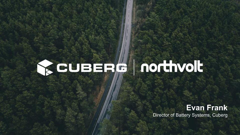 Presentation slide with Cuberg and Northvolt logos and Evan Frank's name and title