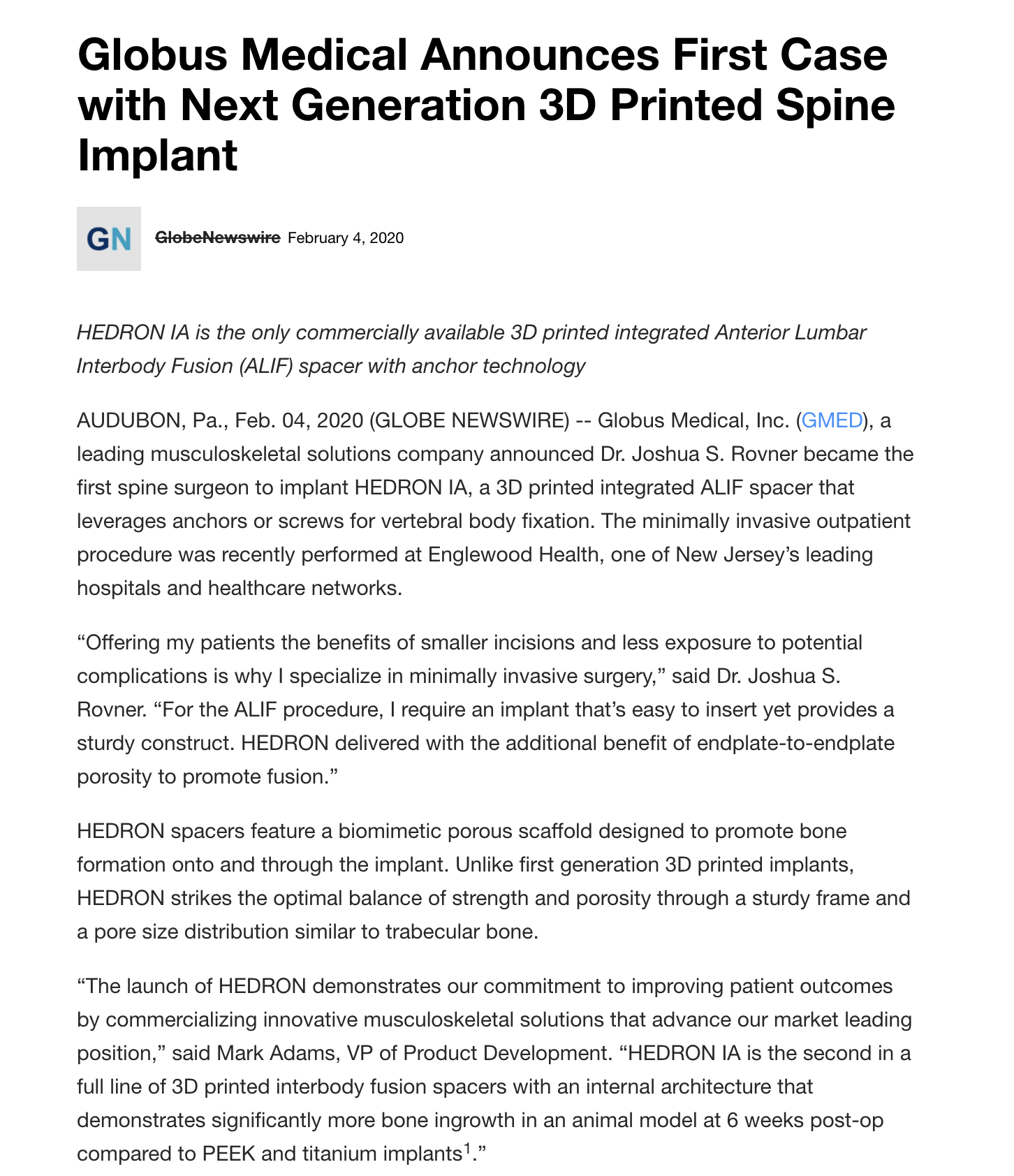 Globus Medical First Case with Next Generation 3D Printed Spine Implant