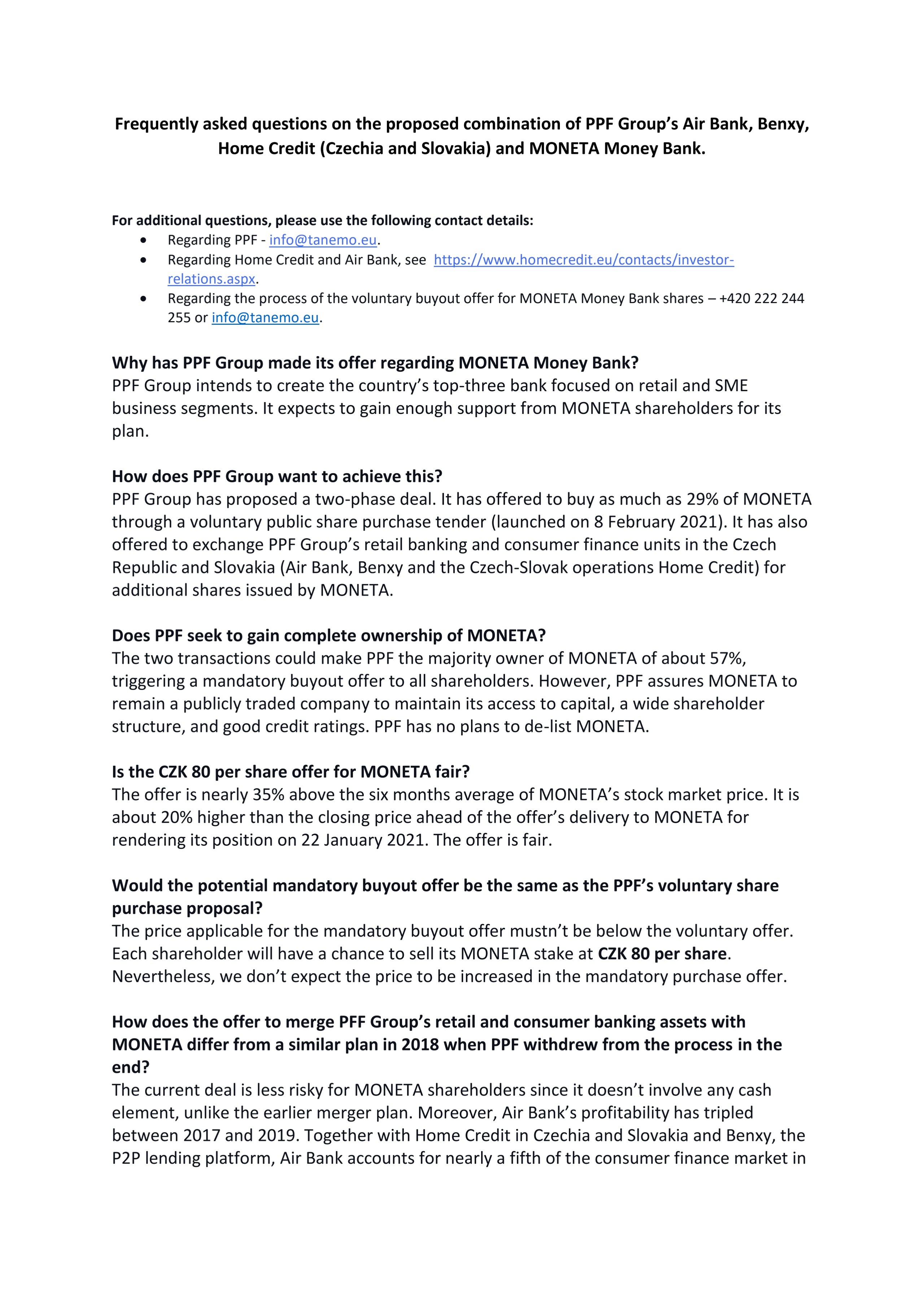 FAQ on the PPF offer to MONETA Money Bank’s shareholders