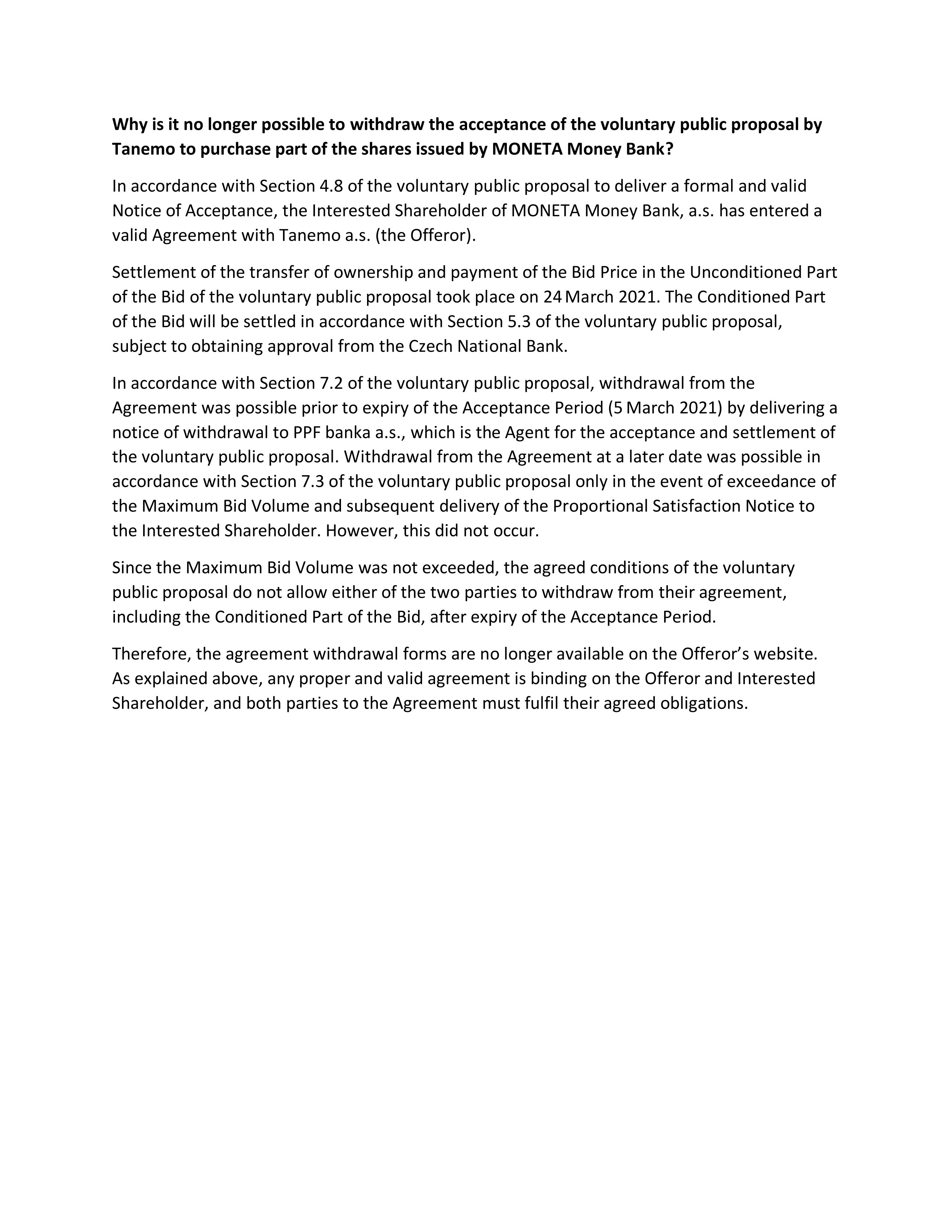 Why is it no longer possible to withdraw the acceptance of the Voluntary Public Proposal