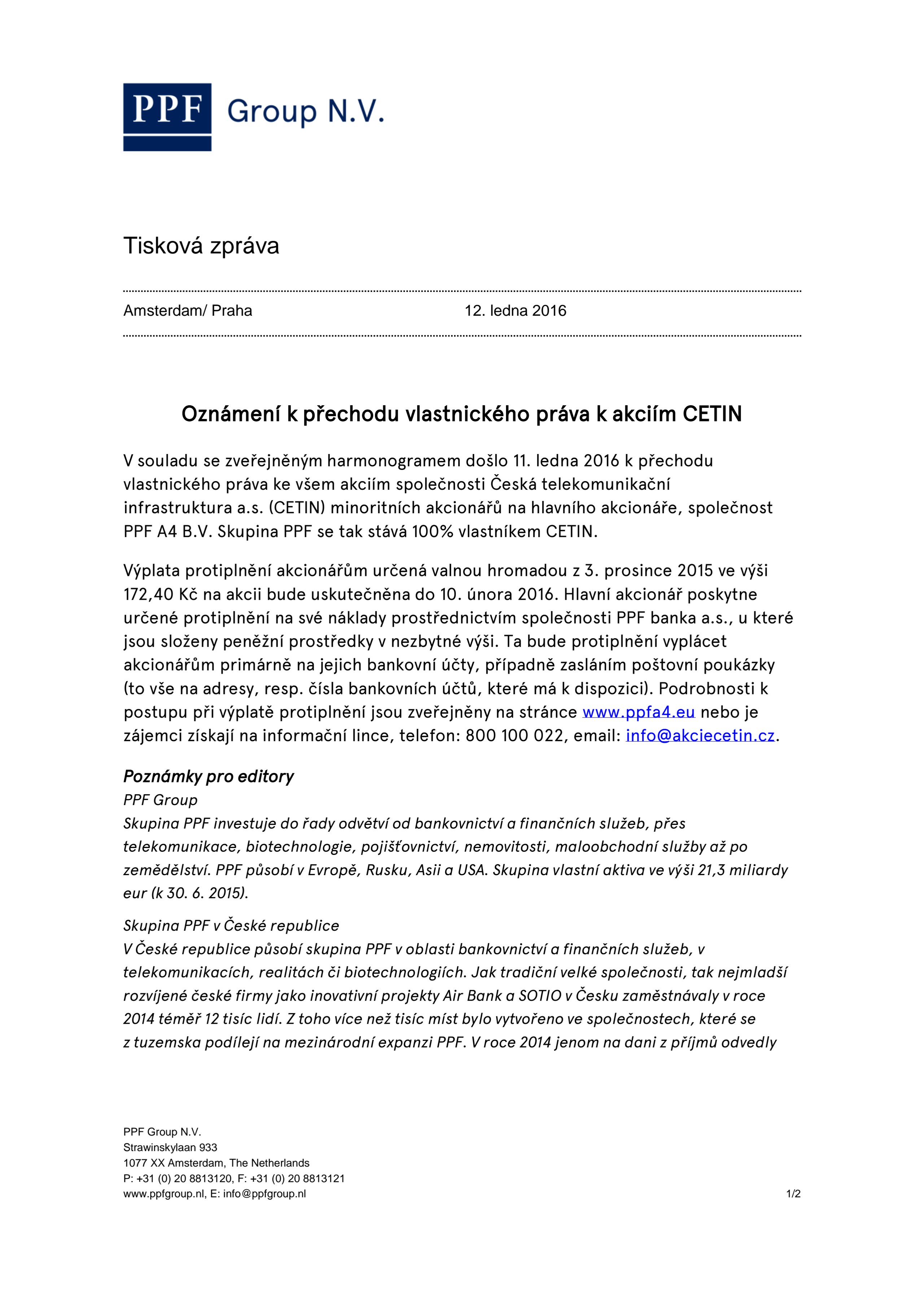 Tisková zpráva: Oznámení k přechodu vlastnického práva k akciím CETIN