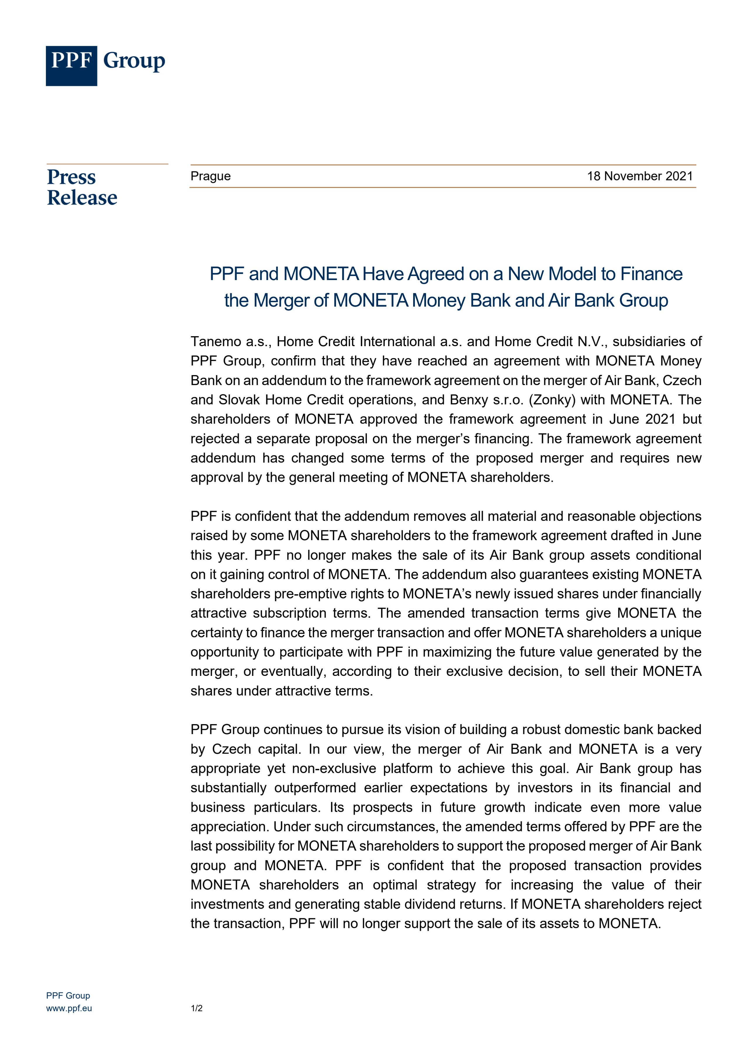 PPF and MONETA Have Agreed on a New Model to Finance the Merger of MONETA Money Bank and Air Bank Group