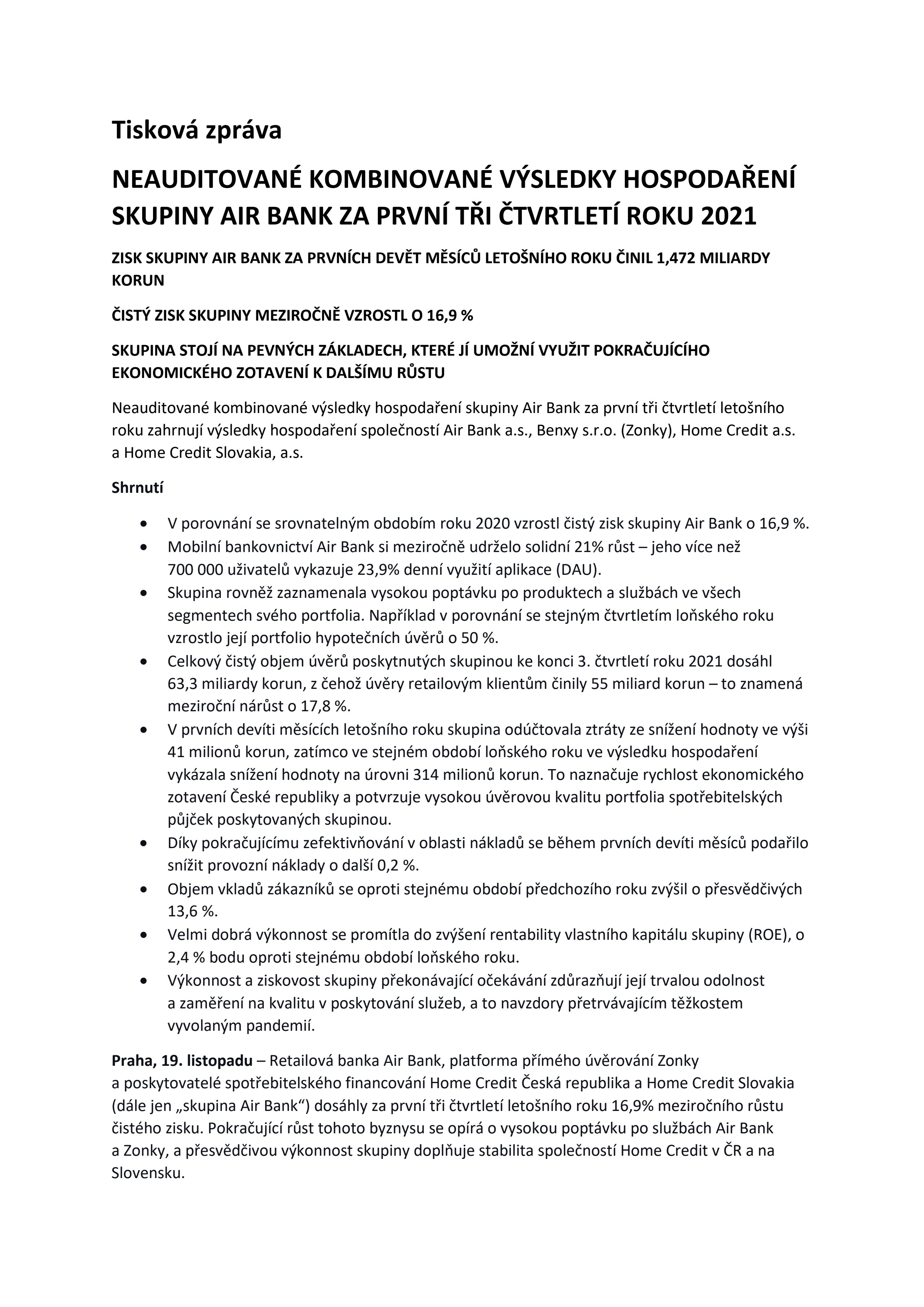 Neauditované kombinované výsledky hospodaření skupiny Air Bank za první tři čvrtletí roku 2021