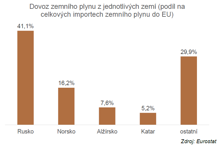 Dovoz zemního plynu z jednotlivých zemí (podíl na celkových importech zemního plynu do EU)