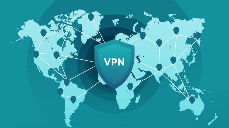 global map with linked nodes and a shield with the letters VPN