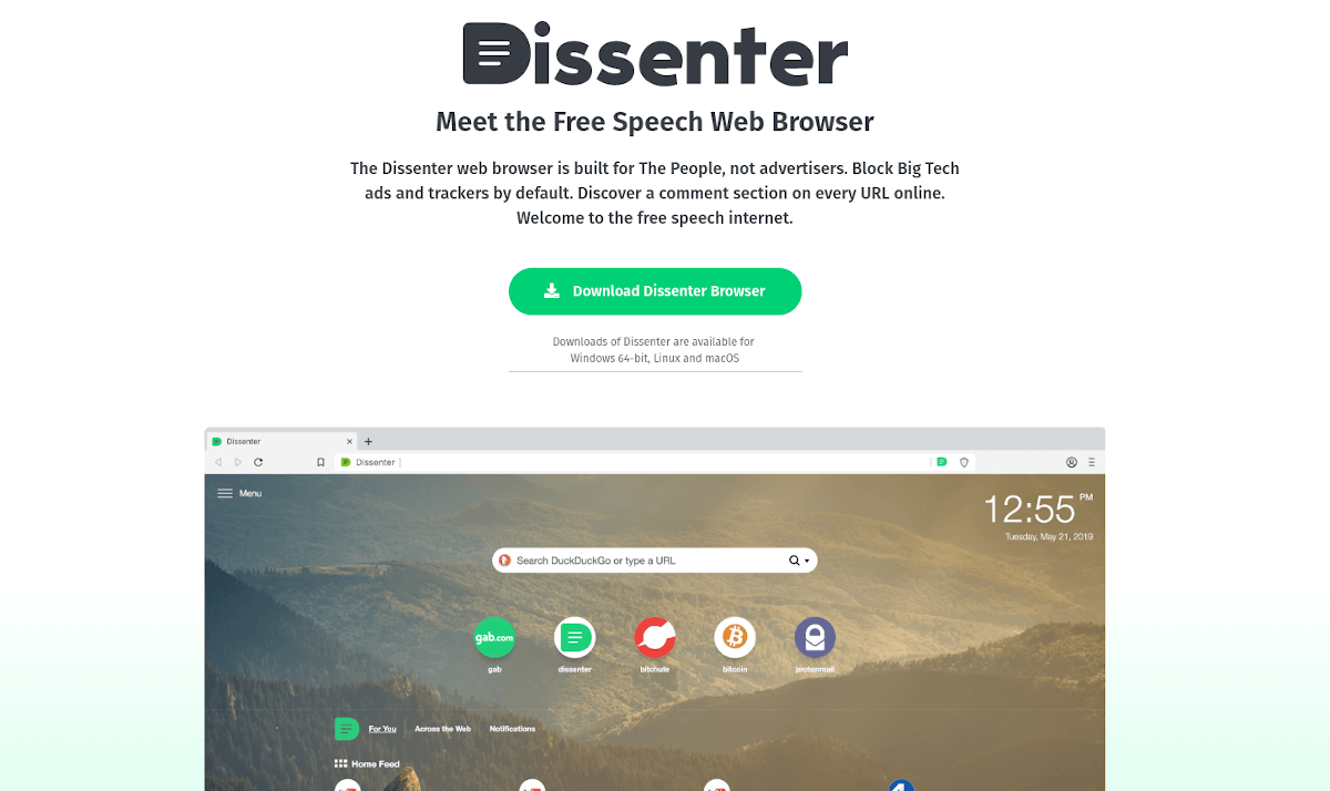 Dissenter landing page