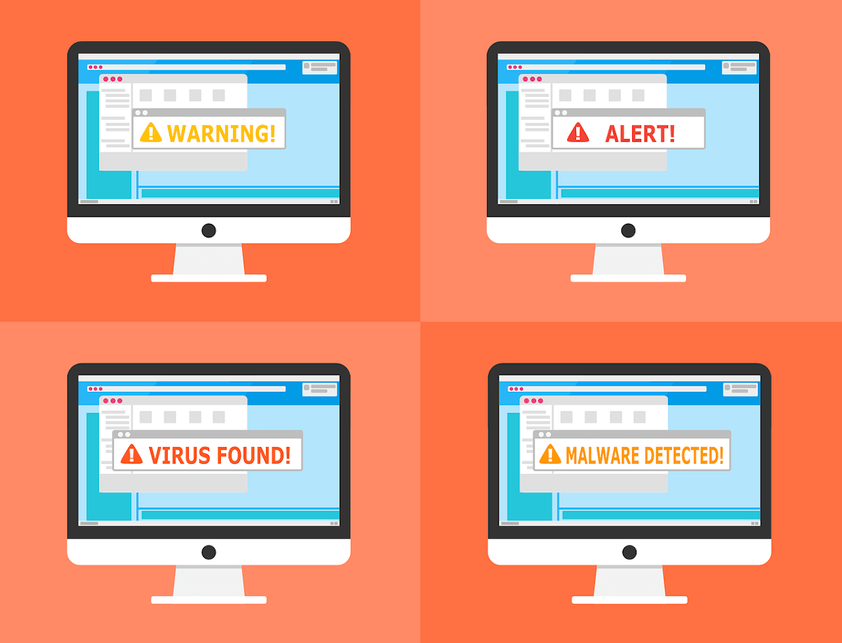 illustrations of monitors with malware popups