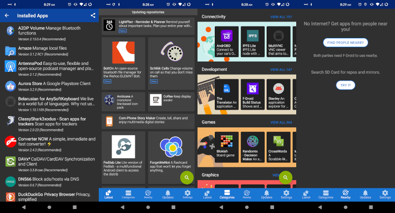 several screenshots of features within F-Droid