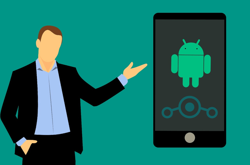 cartoon man displaying phone with android and LineageOS logos in the screen