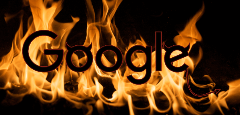 google logo with devil horns in front of flames