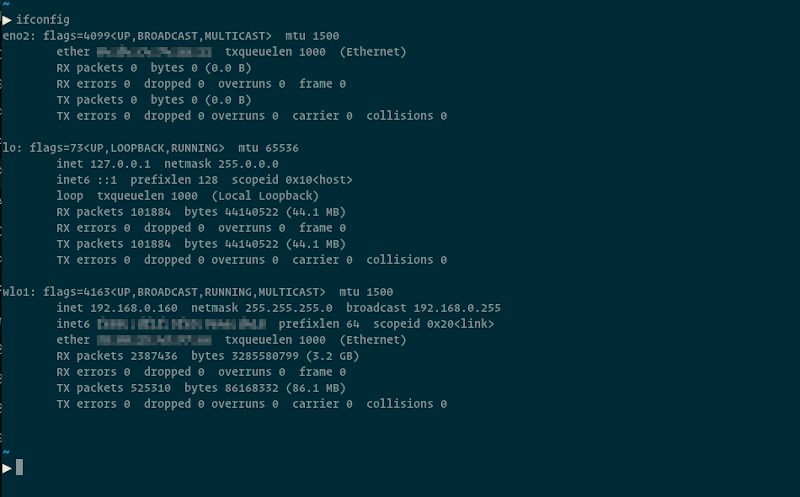 terminal with results of ifconfig command