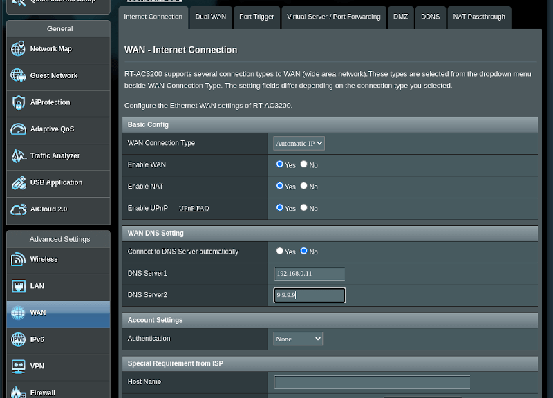 a router web interface with the DNS options opened