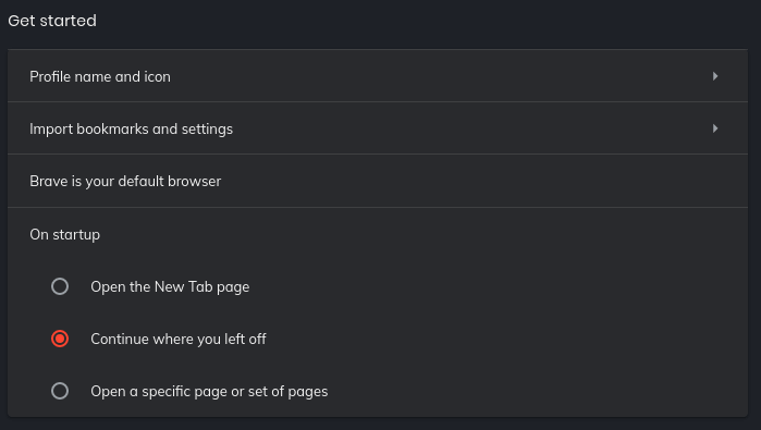 Brave settings, Getting Started section