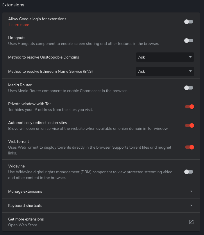 Brave settings, Extensions section