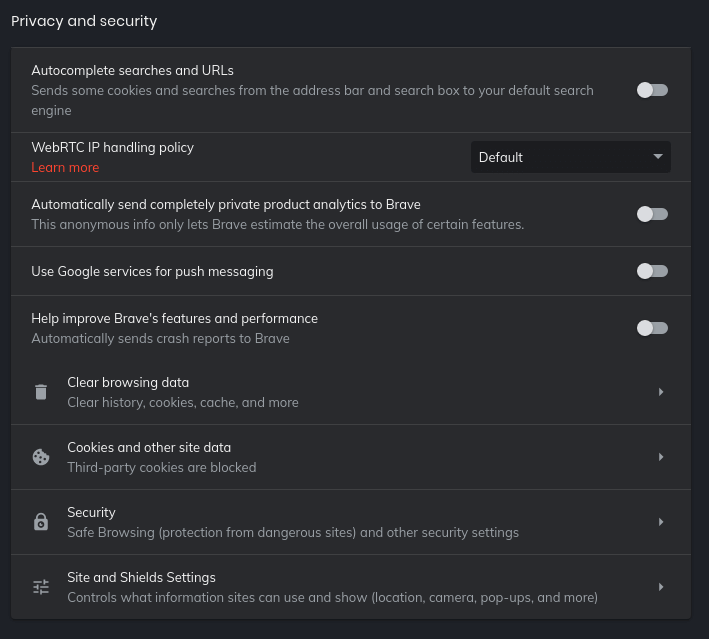 Brave settings, Privacy and security section
