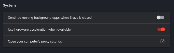 Brave settings, System section