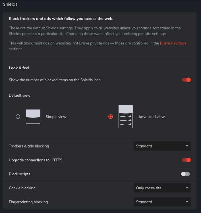 Brave settings, Shields section