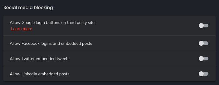 Brave settings, Social media section